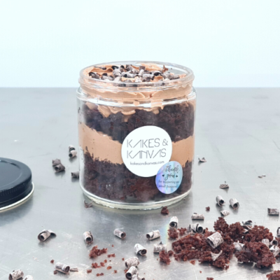 Chocolate Cake Jar decadent chocolate cake and chocolate swiss meringue buttercream layered in reuseable glass jar from kakes and kanvas