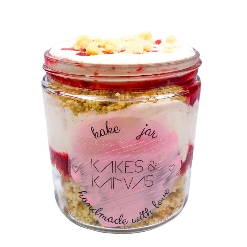 Strawberry Shortcake Cake Jar with lid off from calgary home baker