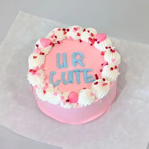 Say "UR CUTE" with our Valentine’s Nice Bento Cake—a charming, delicious mini cake topped with a sweet message and heart sprinkles. Order yours today!